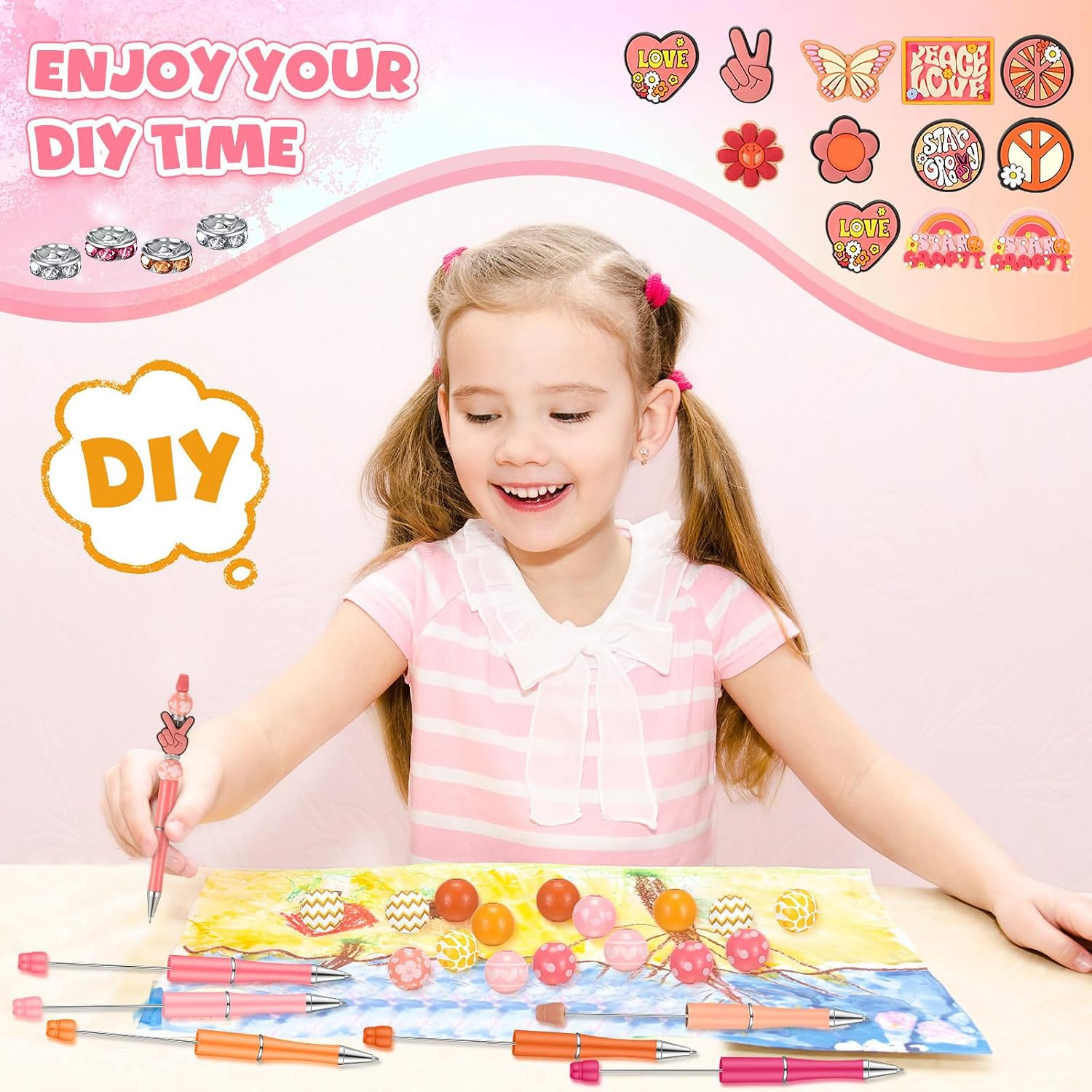 12 Set Plastic Beadable Pens Assorted Bead Pens Crystal Wood round Spacer