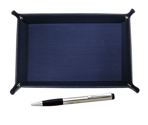 Japanese-made textured cowhide leather pen tray (blue) with metallic rubber