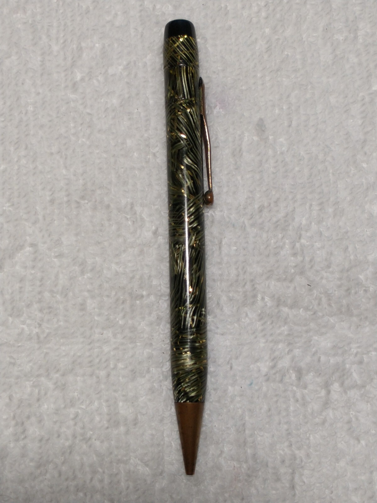 VINTAGE CELLULOID MECH PENCIL BLACK AND LIME GREEN OVER SILVER RIBBONS ANTIQUE