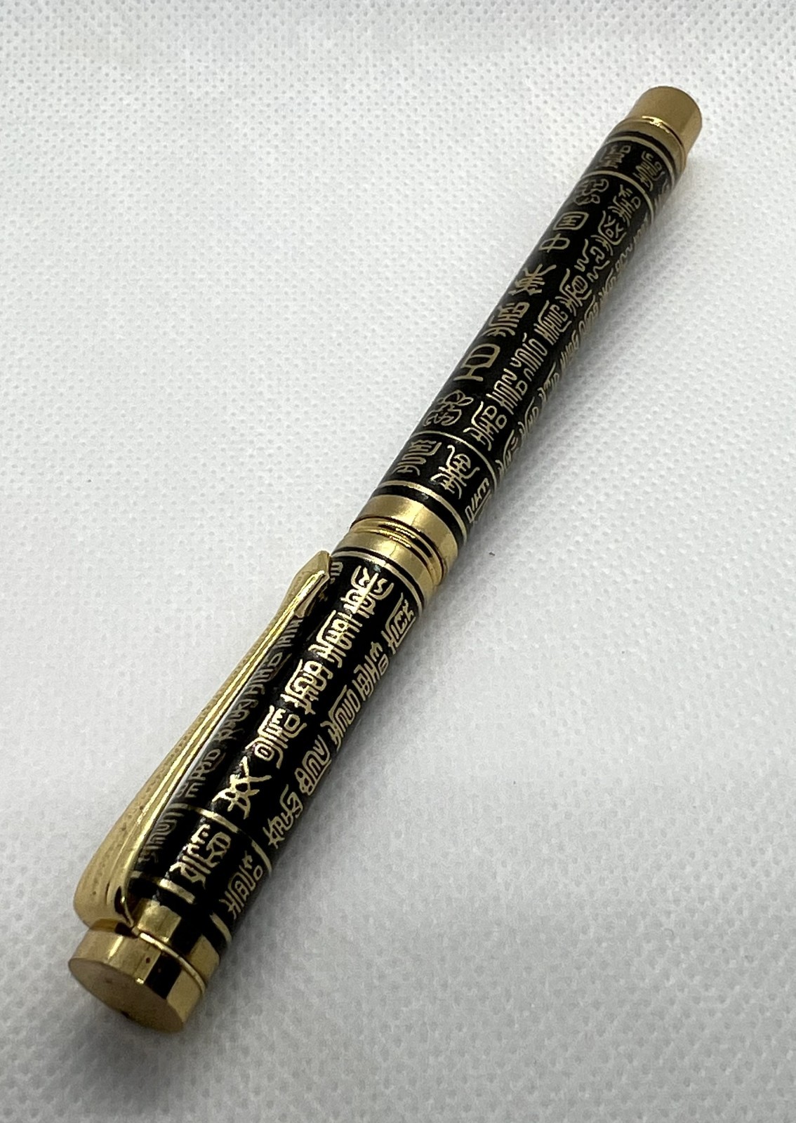 Shanghai Ballpoint Pen Ancient Script Gold Tone Black Enamel Refillable EX Cond.