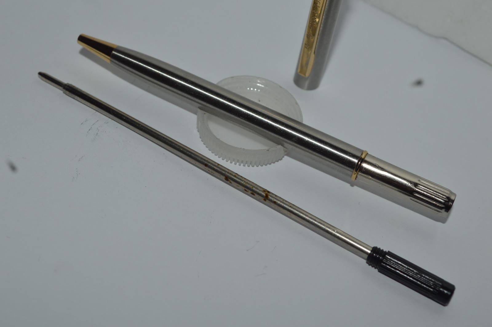 SCULLY SINCE 1906 Ball Pen Slim Brushed Stainless Steel Gold Trim Twist Action
