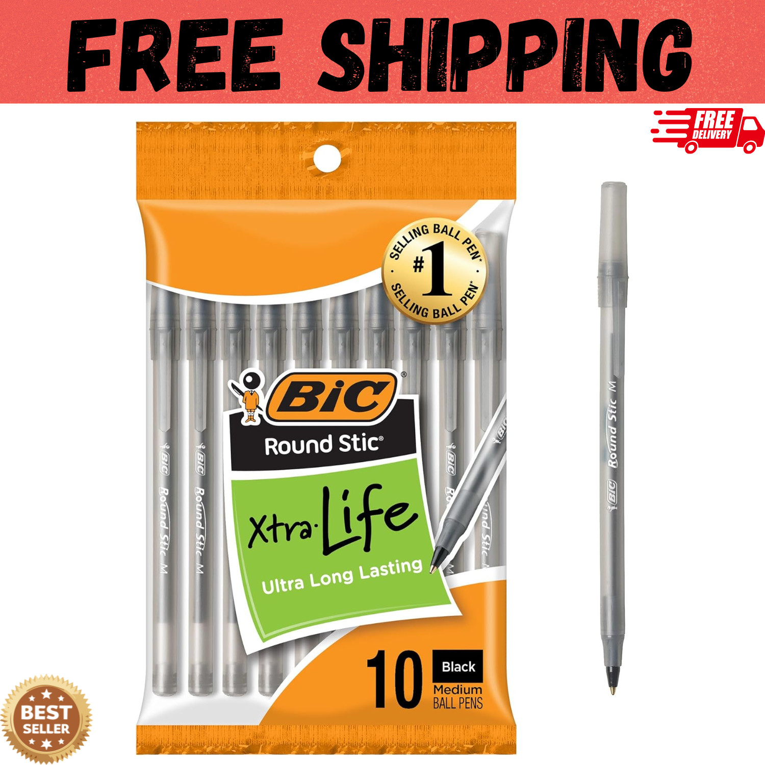Pack of 10 Ballpoint Pen – Black Ink Ball Point Pens for Office Writing School