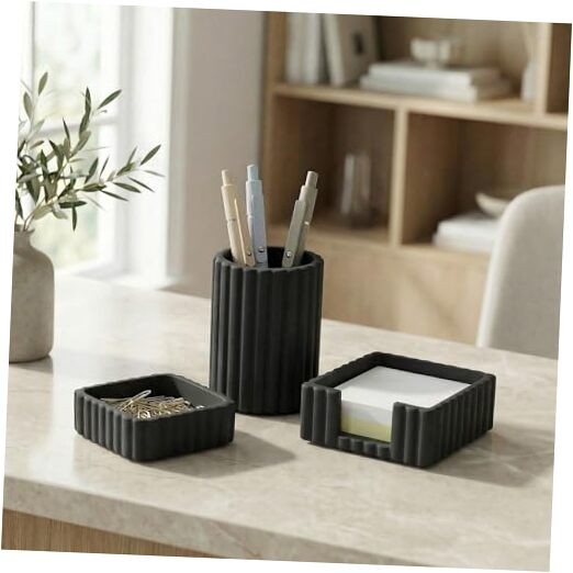 Modern Aesthetic Desk Accessories Set of 3 – Stylish Concrete Organizers Black