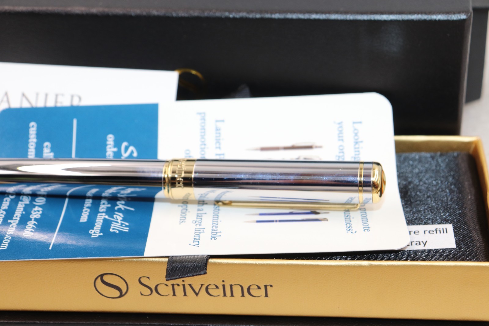 Scriveiner London Silver Gold Roller Ball Luxury Pen Gold Trim with Box