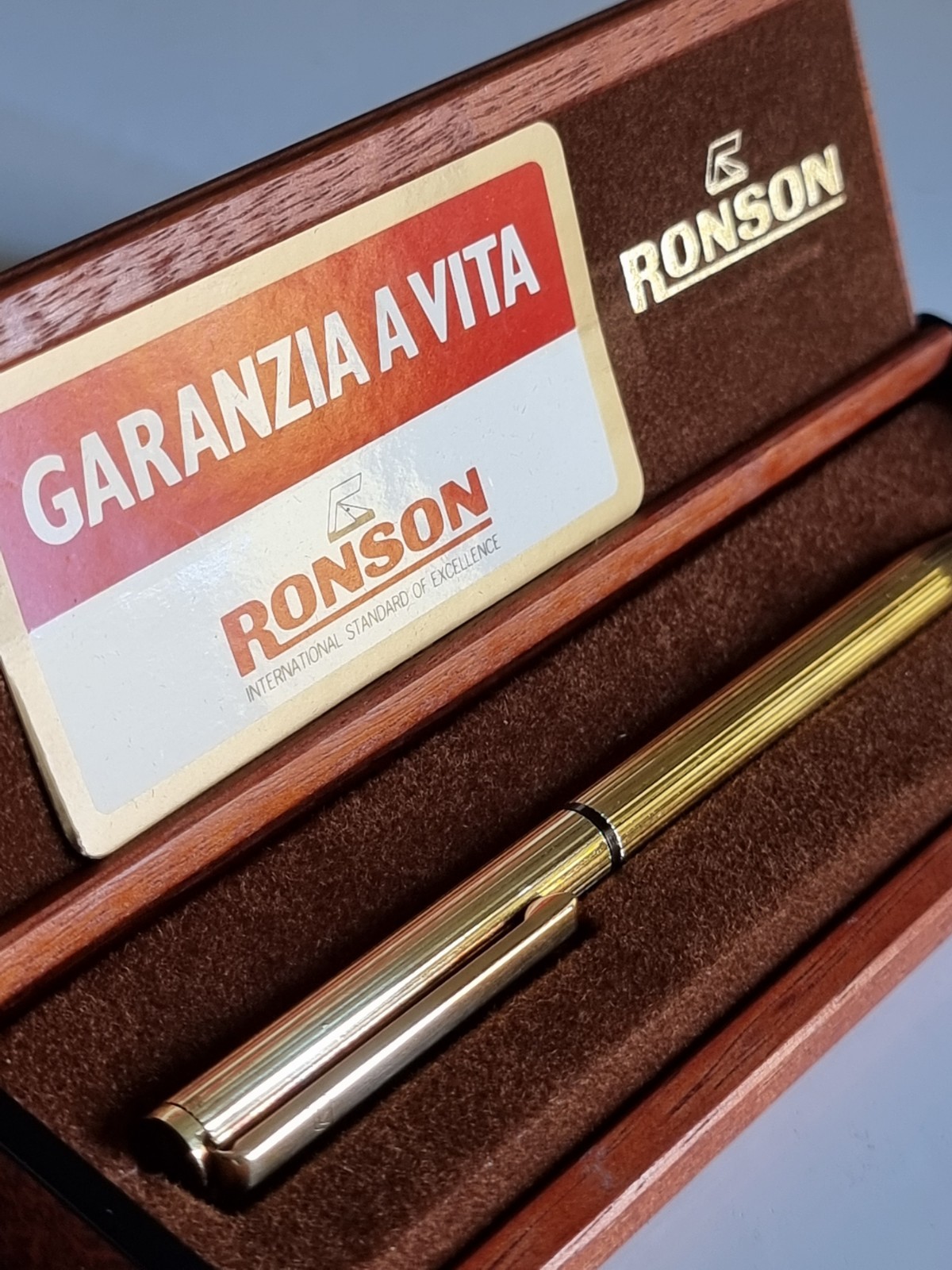 Ronson Gold Plated Ballpoint Pen with Wooden Case – Vintage, with Warranty