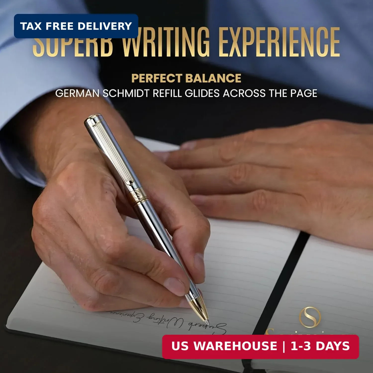 Silver Chrome Ballpoint Pen – Stunning Luxury Pen, Real Gold Plating, Schmidt Bl