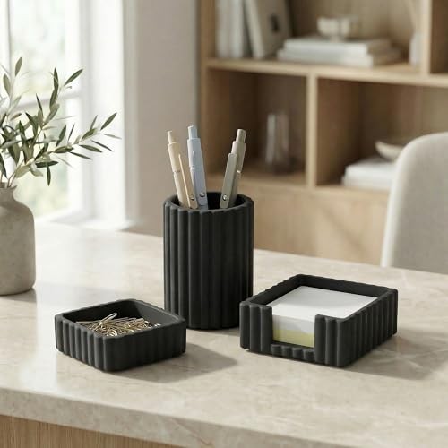 Modern Aesthetic Desk Accessories Set of 3 – Stylish Concrete Organizers Black