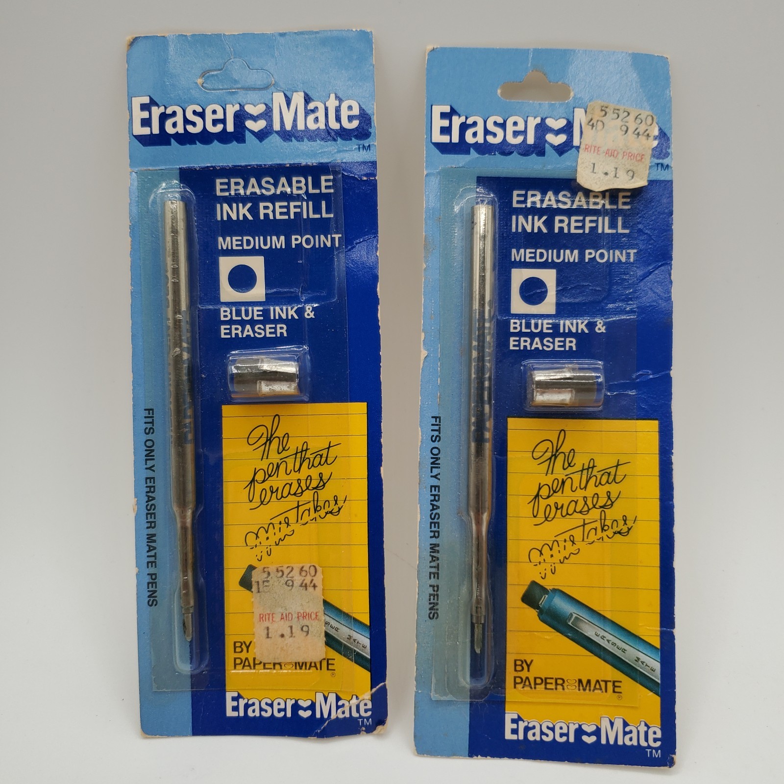 Lot of 2 Vintage 1980 Paper Mate ERASER MATE Pen Refills Blue Ink SEALED NOC