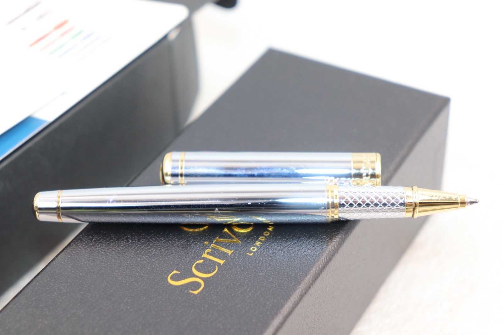 Scriveiner London Silver Gold Roller Ball Luxury Pen Gold Trim with Box