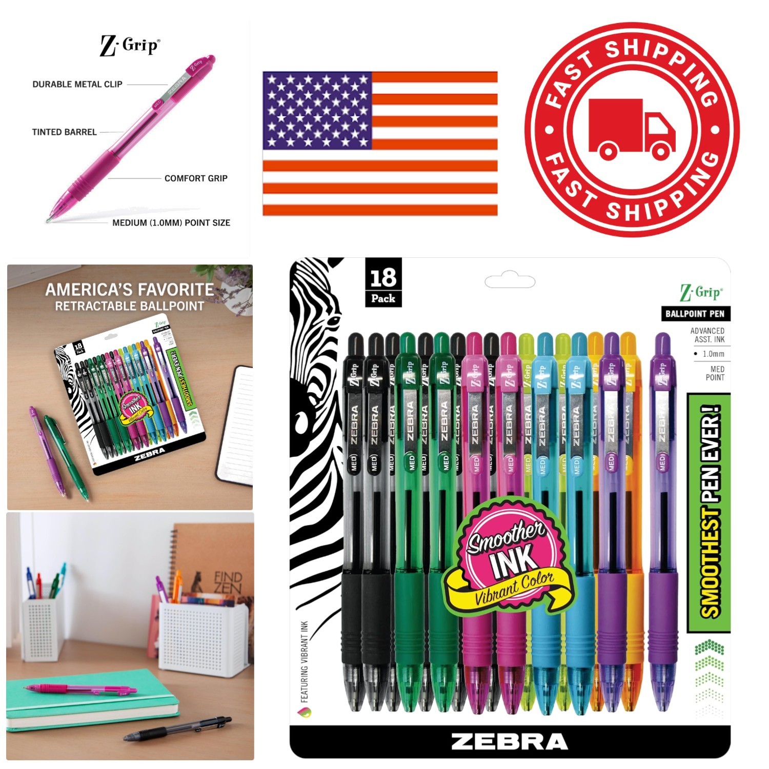 Ergonomic Grip Ballpoint Pens 18 Pack Assorted Colors Ideal for Long Writing