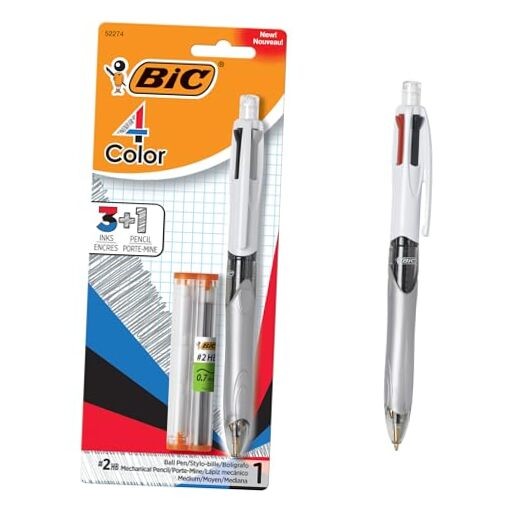 4-Color 3+1 1 Count (Pack of 1) Red, Blue, Black Ink Ballpoint Pen and Pencil
