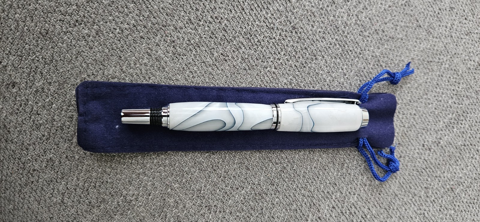 White & Blue/Gray Swirl Resin RollerBall Pen, Chrome Trim, Black Ink, w/ Pouch