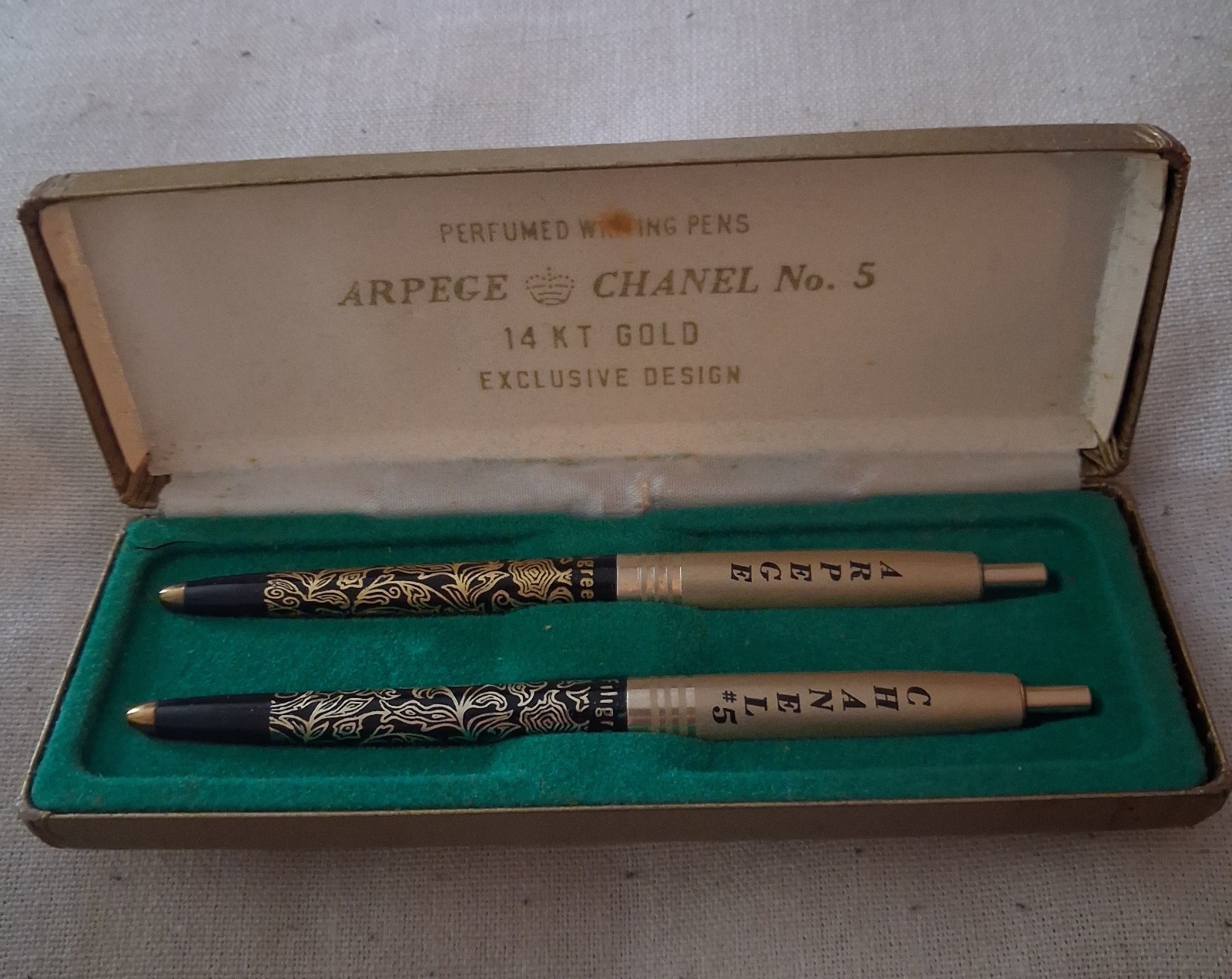 Vintage Chanel No.5 Arpege 14K Gold Filigree Perfumed Ballpoint Pen Set in Box