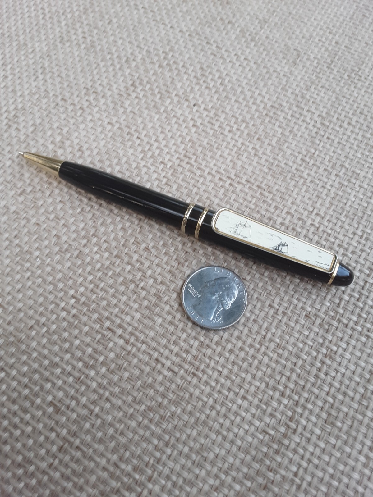 VTG Ballpoint Pen W/A Scrimshaw Sailboats Pocket Clip in Good Working Condition