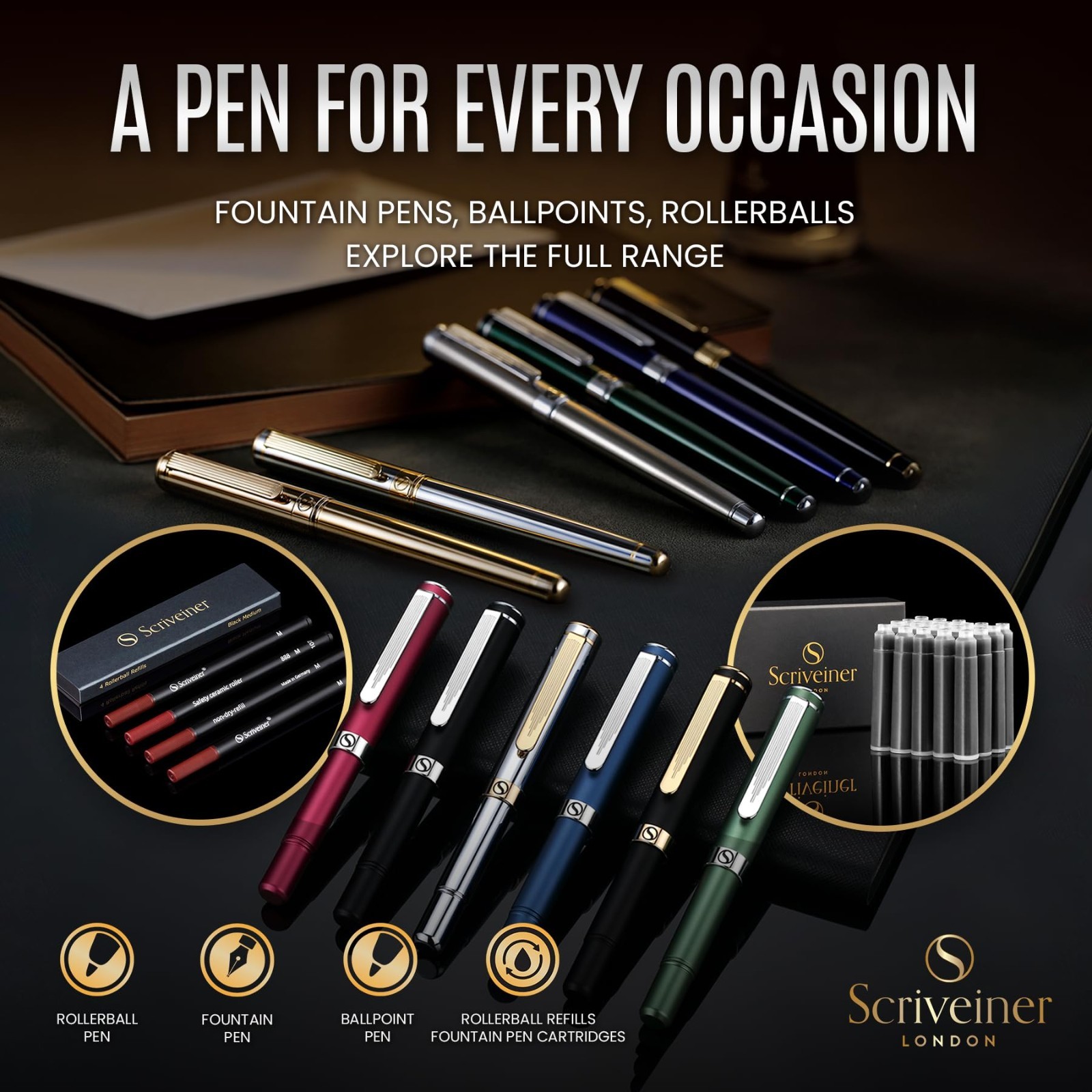Luxury Black Lacquer Ballpoint Pen, Real Gold Plating, Schmidt Refill, Gift for