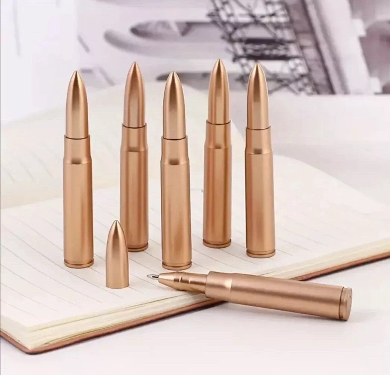 6 PACK Bullet Shaped Plastic Ballpoint Twist Pens Set Rifle Gold Copper Color