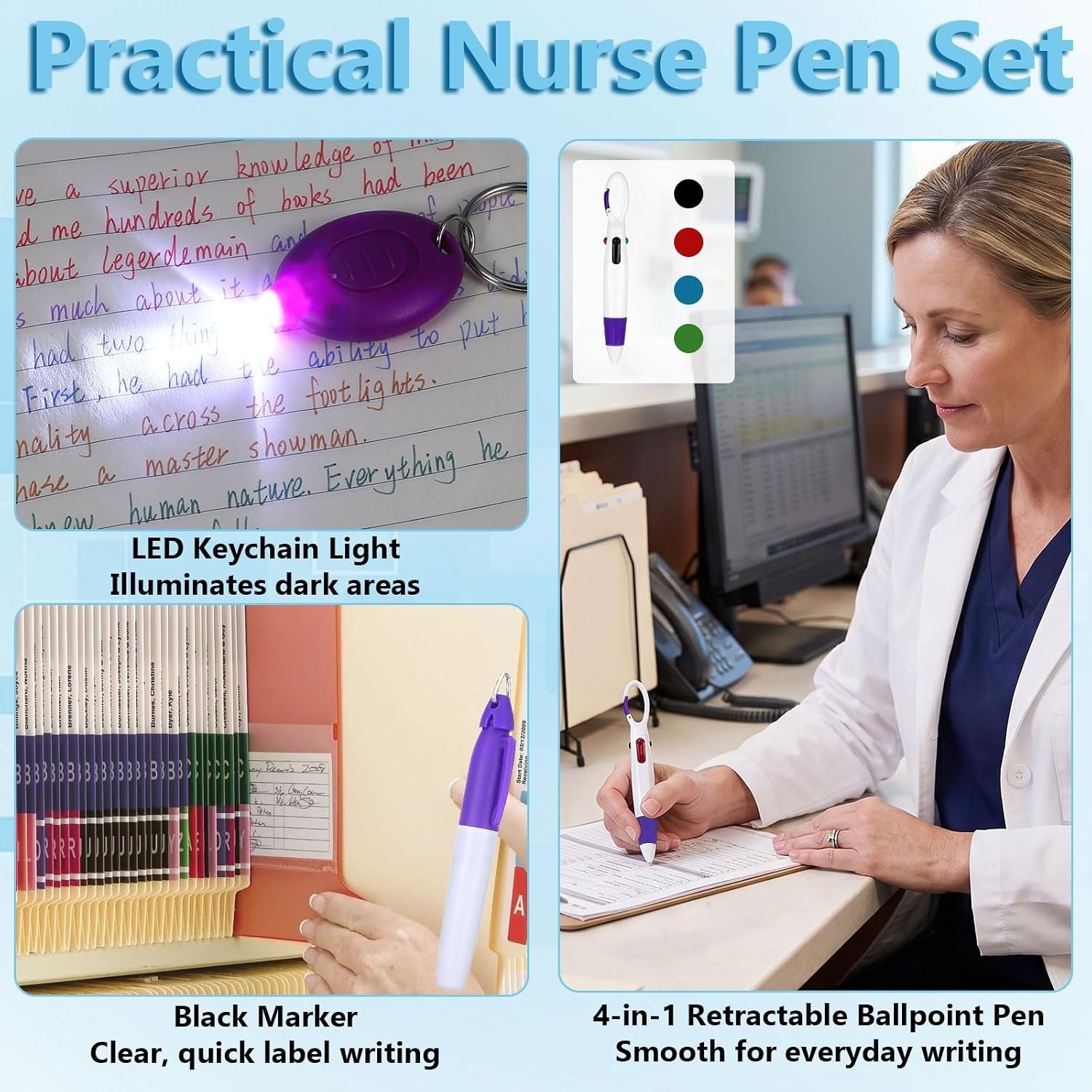 Essential Nurse Accessories Set: Retractable Pen, Scissors & Keychain Flashlight