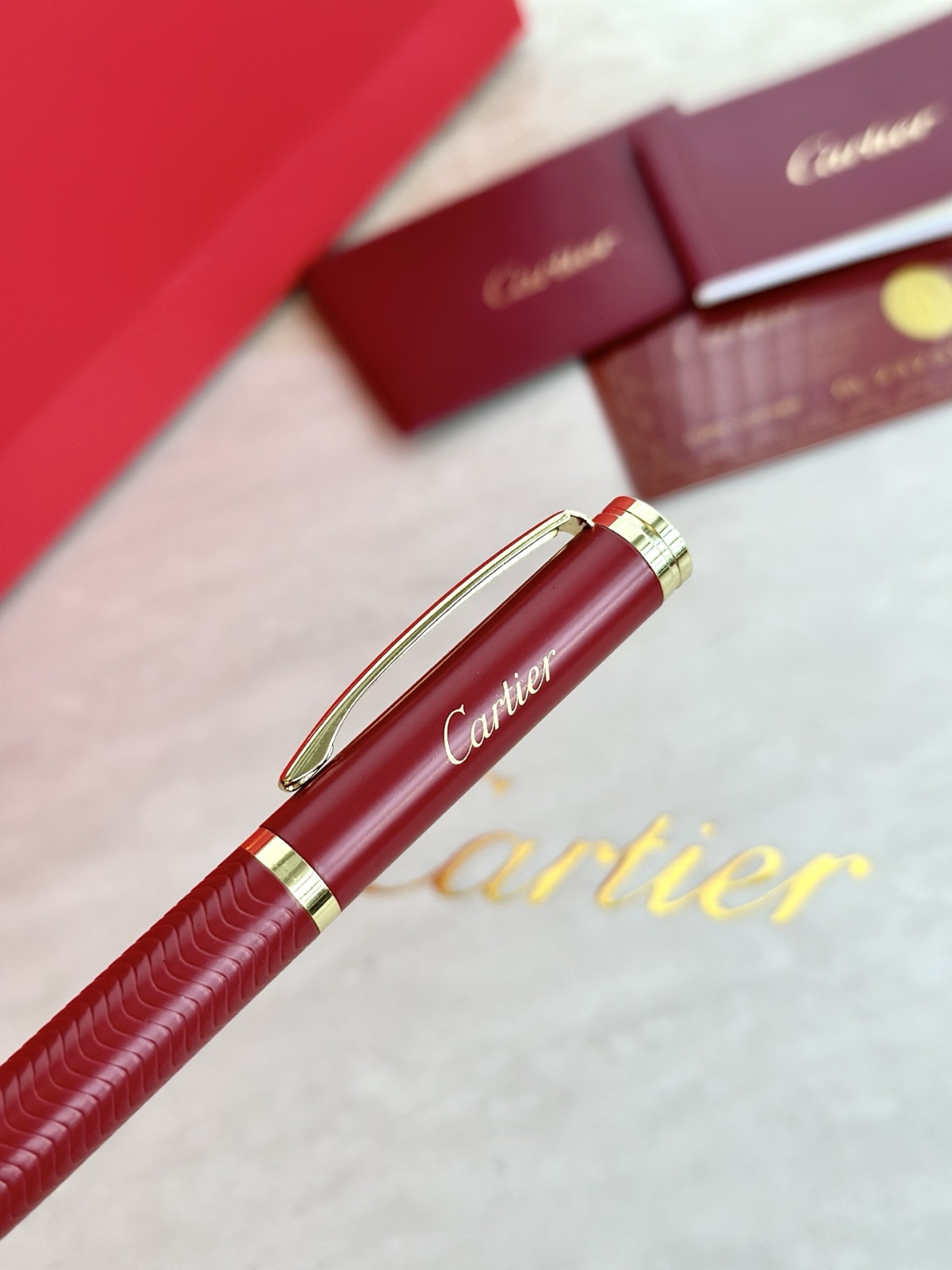 Cartier red striped ballpoint pen with box – luxury gift