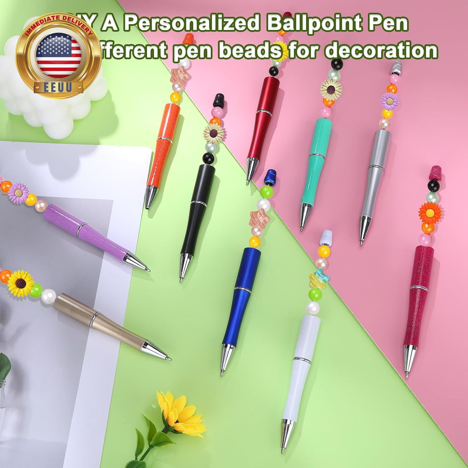 20 Pcs Beaded Pens, Beadable Pens Bulk Colored, Focal Bead Pen with 40Pcs Black
