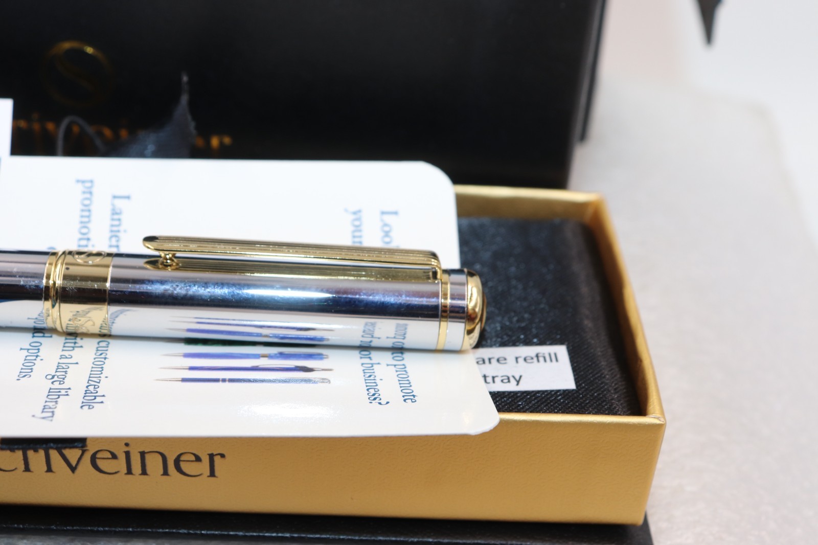 Scriveiner London Silver Gold Roller Ball Luxury Pen Gold Trim with Box