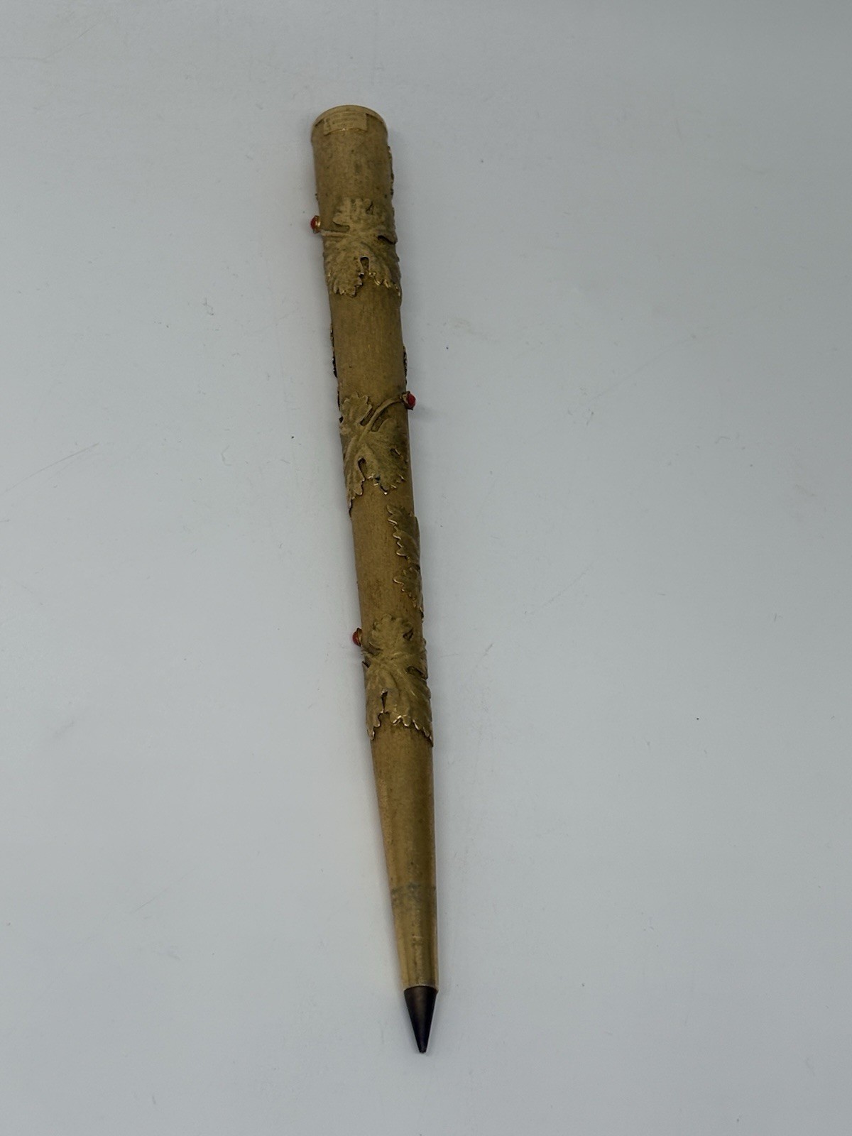 Vintage Carnegie Exclusive Italy Gilt Pen Red Cabochon Stones Ornate Vine Design