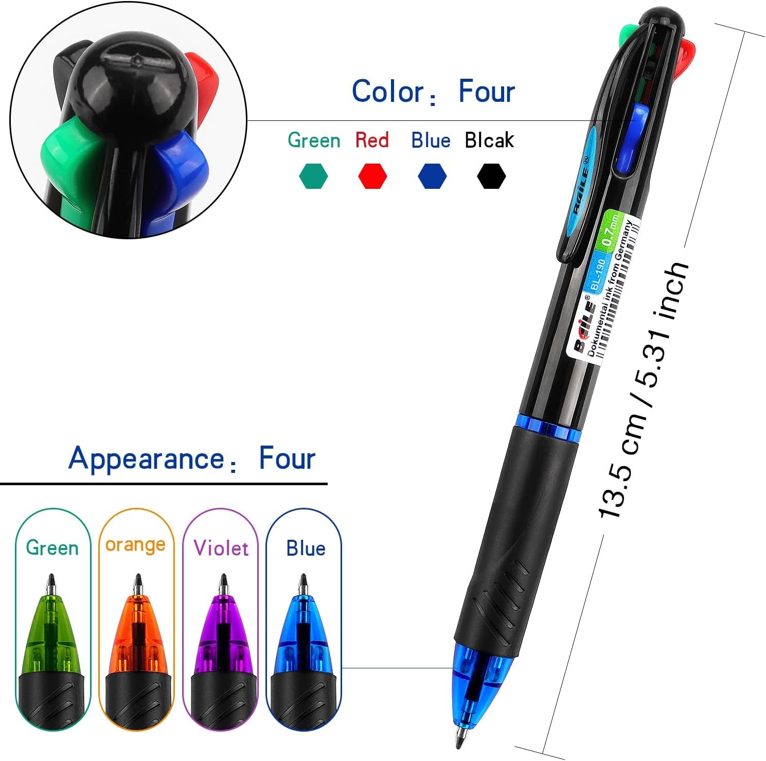 4 Pack Multicolor Ballpoint Pens 4-in-1, 0.7mm | Colored Retractable Ballpoint G