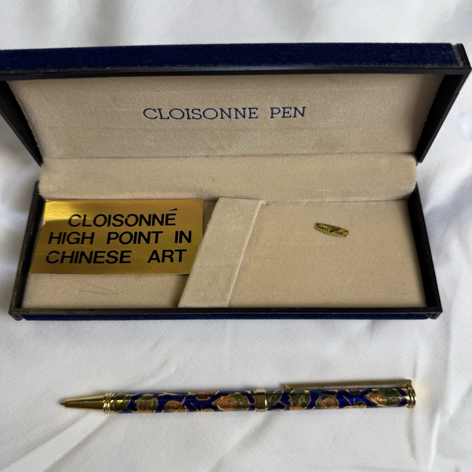 Chinese Cloisonné Enamel Ballpoint Pen Blue Floral w/ Case Needs New Cartridge