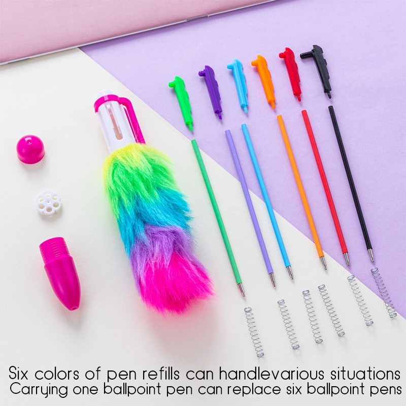 Rainbow Plush Ballpoint Pens (4 pieces) – Colorful six-color retractable pens