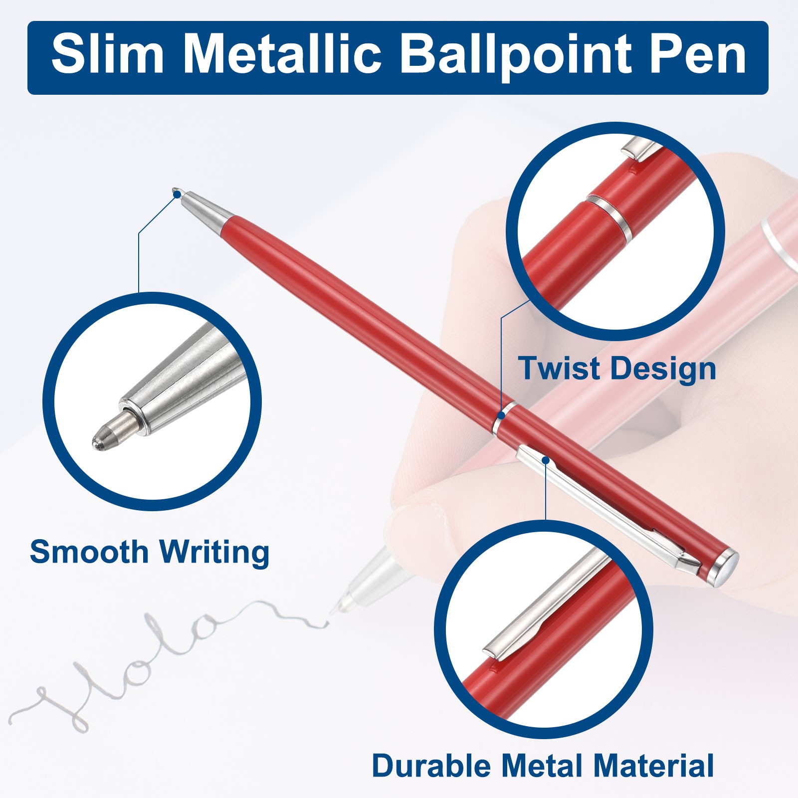 Slim Metallic Ballpoint Pen, 6Pcs Black Ink 1mm Medium Point Pen, Red