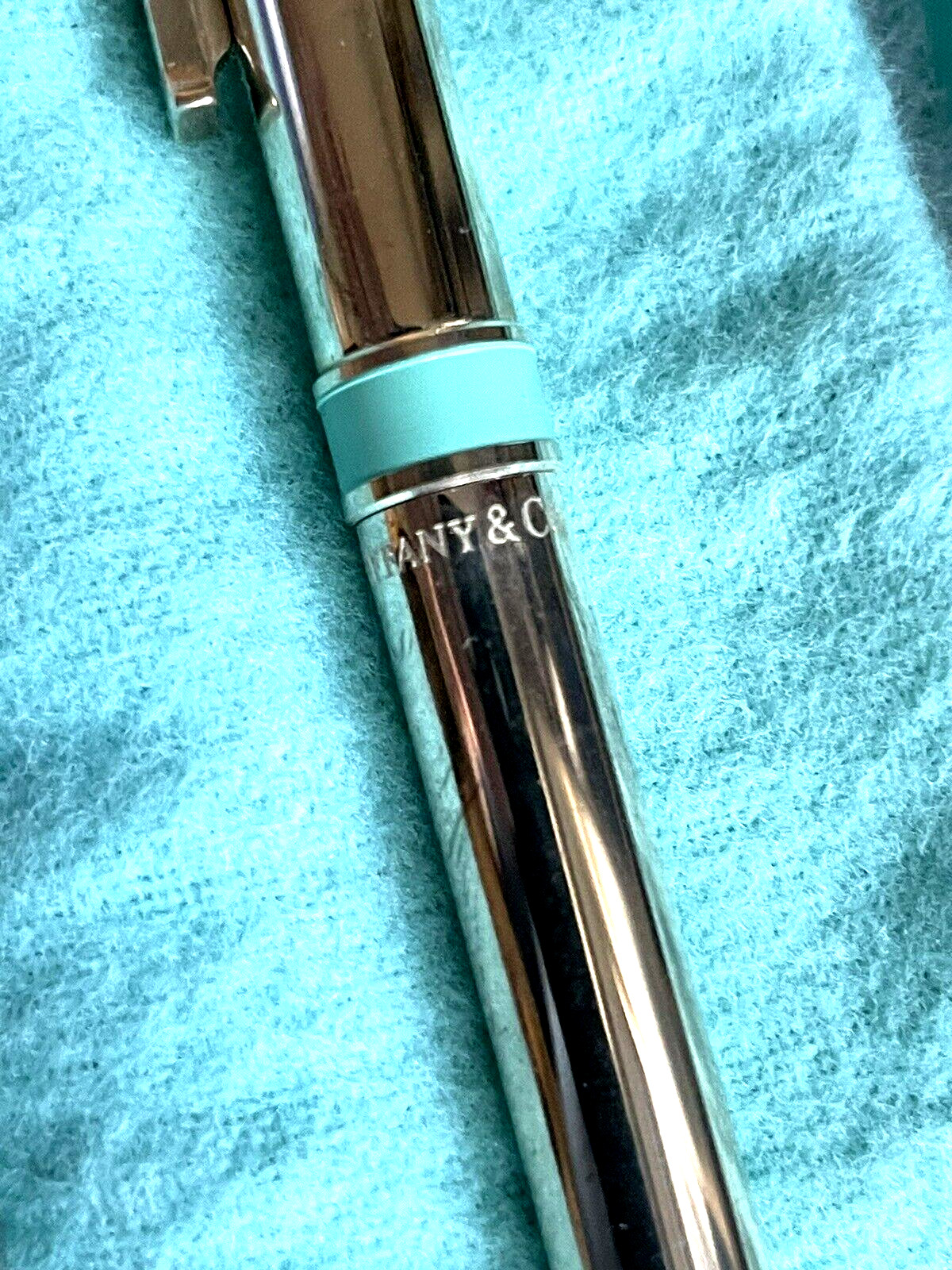 NWOT TIFFANY & CO 925 STERLING SILVER BALLPOINT PEN BLUE ENAMEL RIM NEVER USED