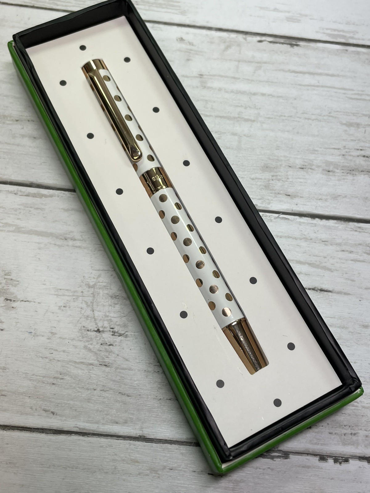 KATE SPADE New York «Cream w/Gold Dots» Black Ink Ballpoint Pen w/Gift Box NEW