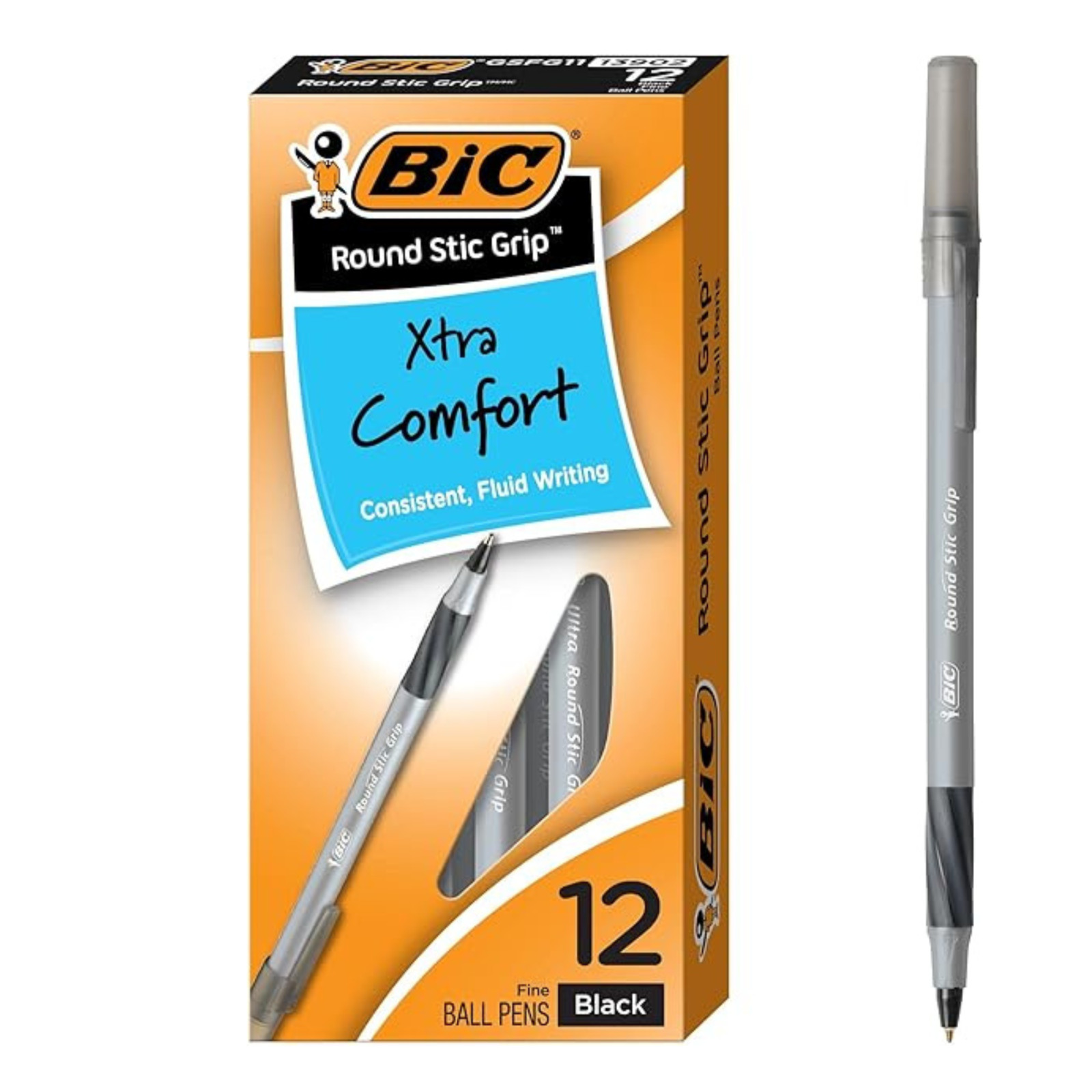 BIC Round Stic Grip Ballpoint Pens 12 Pack Black Blue Red Medium Point Smooth