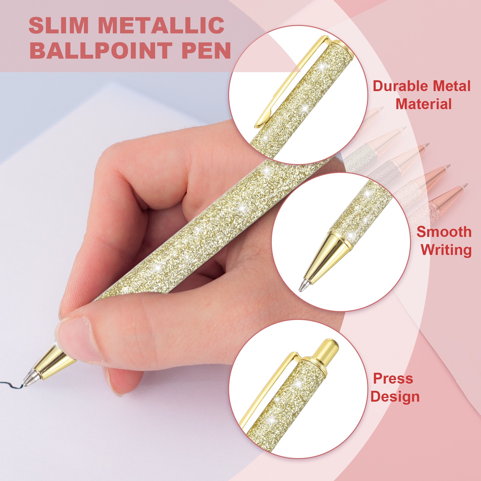 Glitter Ballpoint Pen, 2Pcs Sparkly Fancy Glitter Pen, Gold (Silver Item)