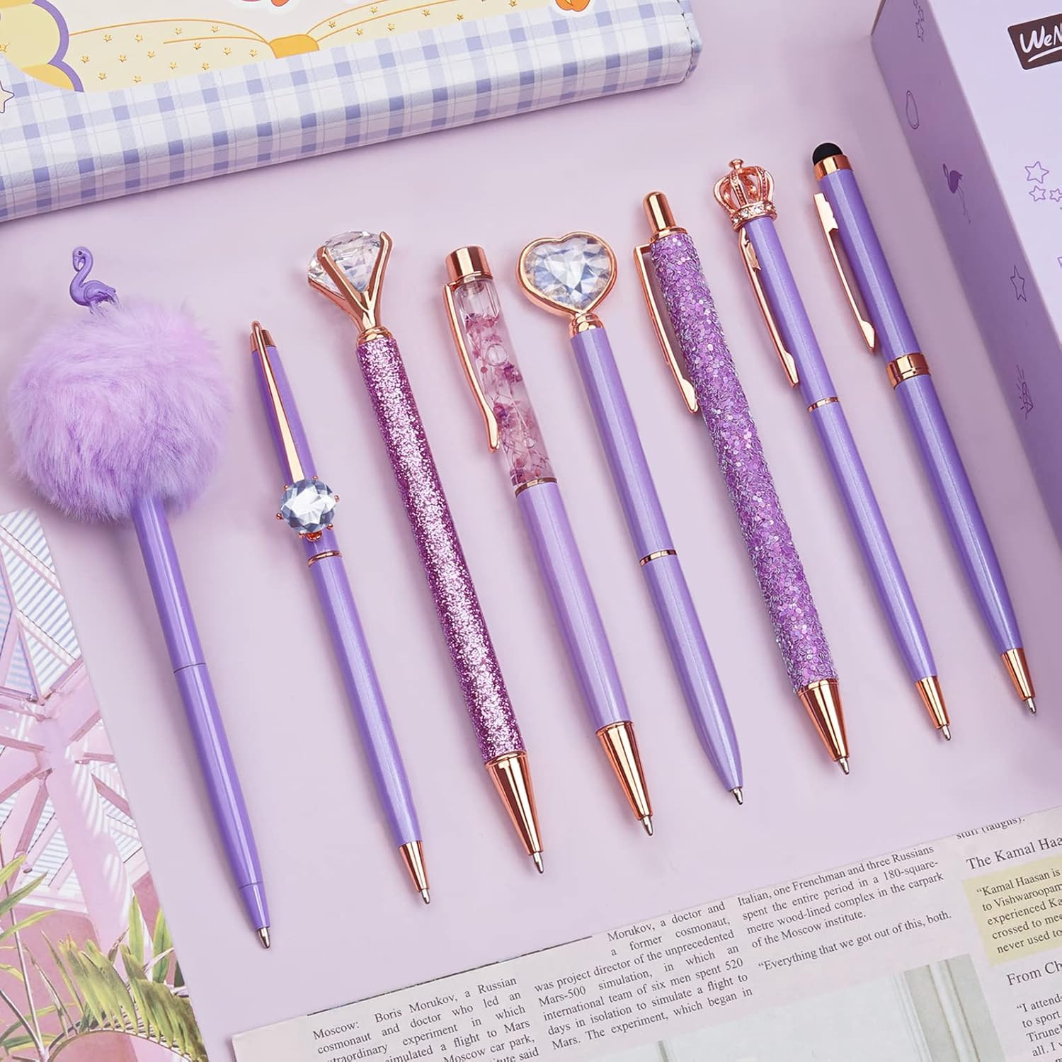 8Pcs Purple Pens, Metal Crystal Diamond Pen with Black & Blue Ink, Pens for Jour