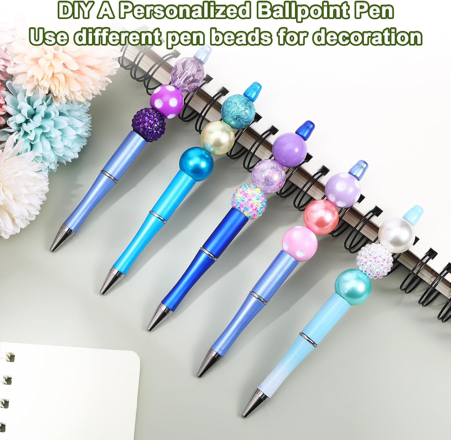 20 Pcs Blue Beadable Pens Bulk, Plastic Beaded Pen with 40Pcs Black Ink