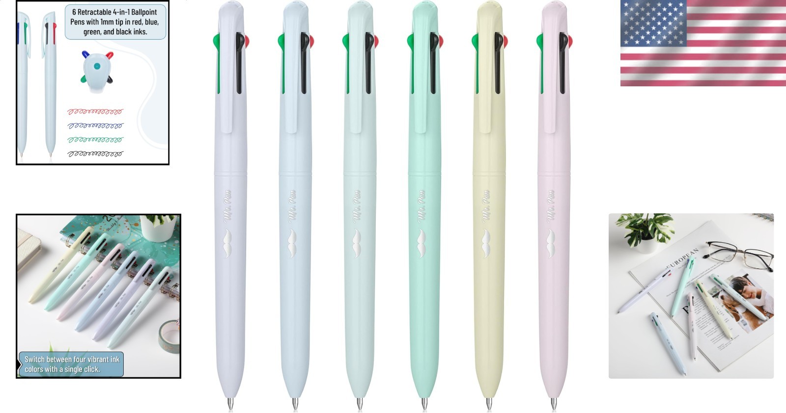 Ballpoint Pen 4-Way Multi Ink 6-Piece Set Journaling Note-Taking Planner