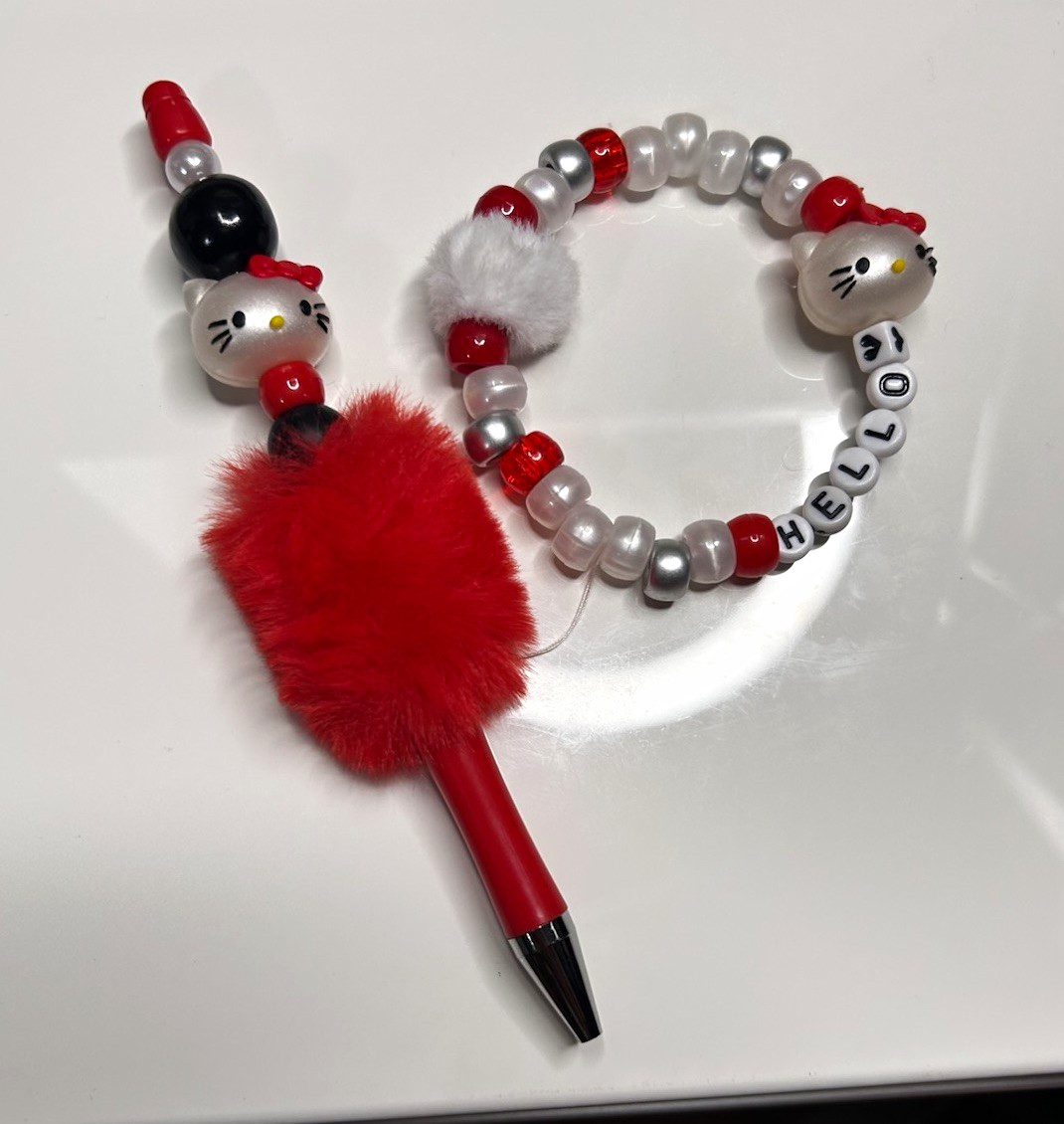Hello Kitty Beaded Ballpoint Pen w/ Red Pom Pom, Black Ink + Beaded Bracelet