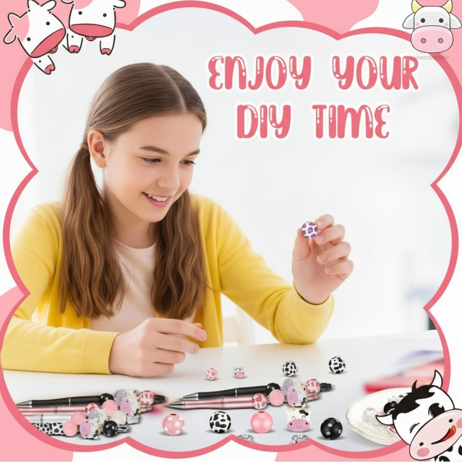 12 Lightweight DIY Bead Pens in Cow Print – Fun Gift for Creative Minds