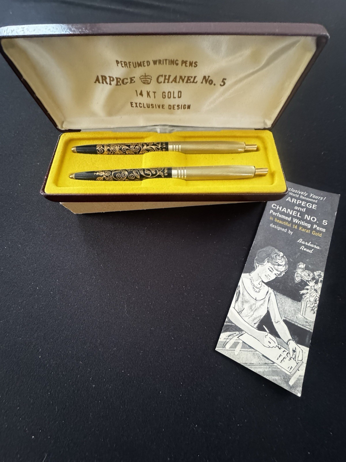 Vintage CHANEL Arpege No 5 Ballpoint Pen Set 14kt Gold Perfume Writing Pens