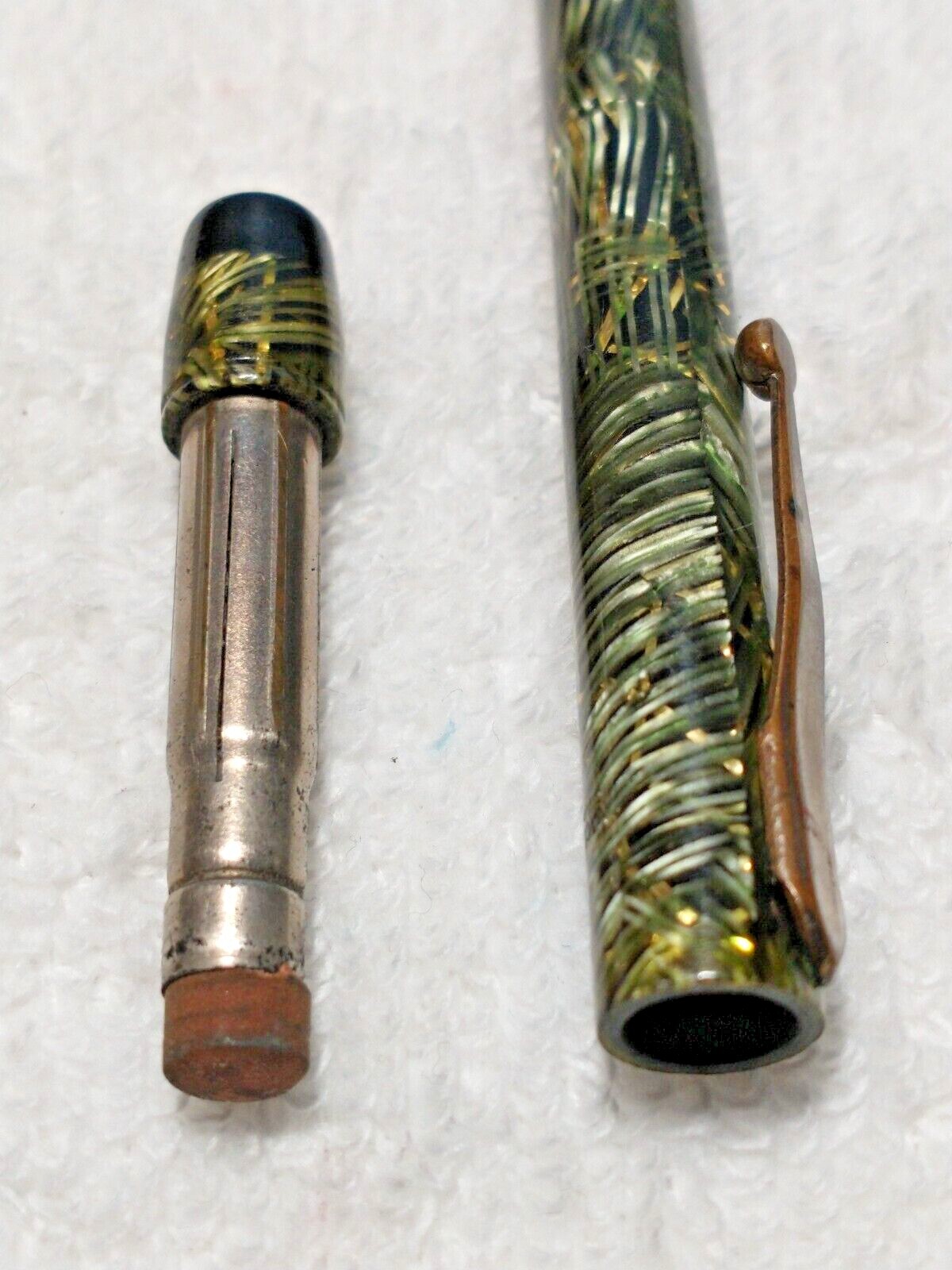 VINTAGE CELLULOID MECH PENCIL BLACK AND LIME GREEN OVER SILVER RIBBONS ANTIQUE
