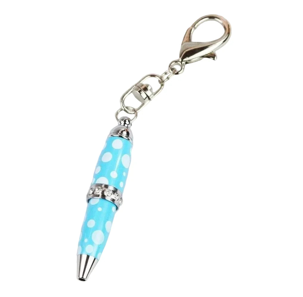 Padrino Pixie Blue Polka Dot Print Mini Keychain Pen – Crystal Accent Ballpoint