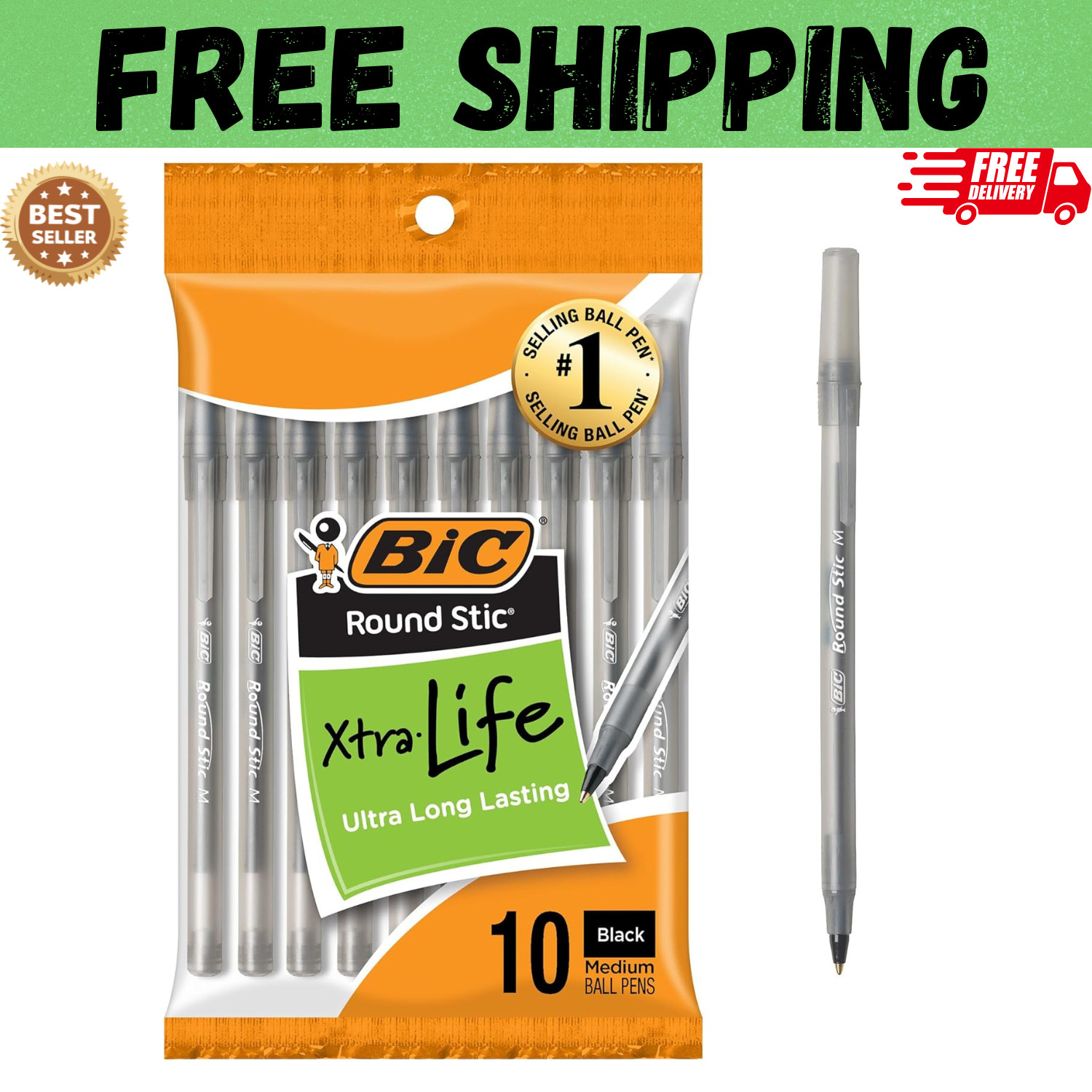 Pack of 10 Ballpoint Pen – Black Ink Ball Point Pens for Office Writing School