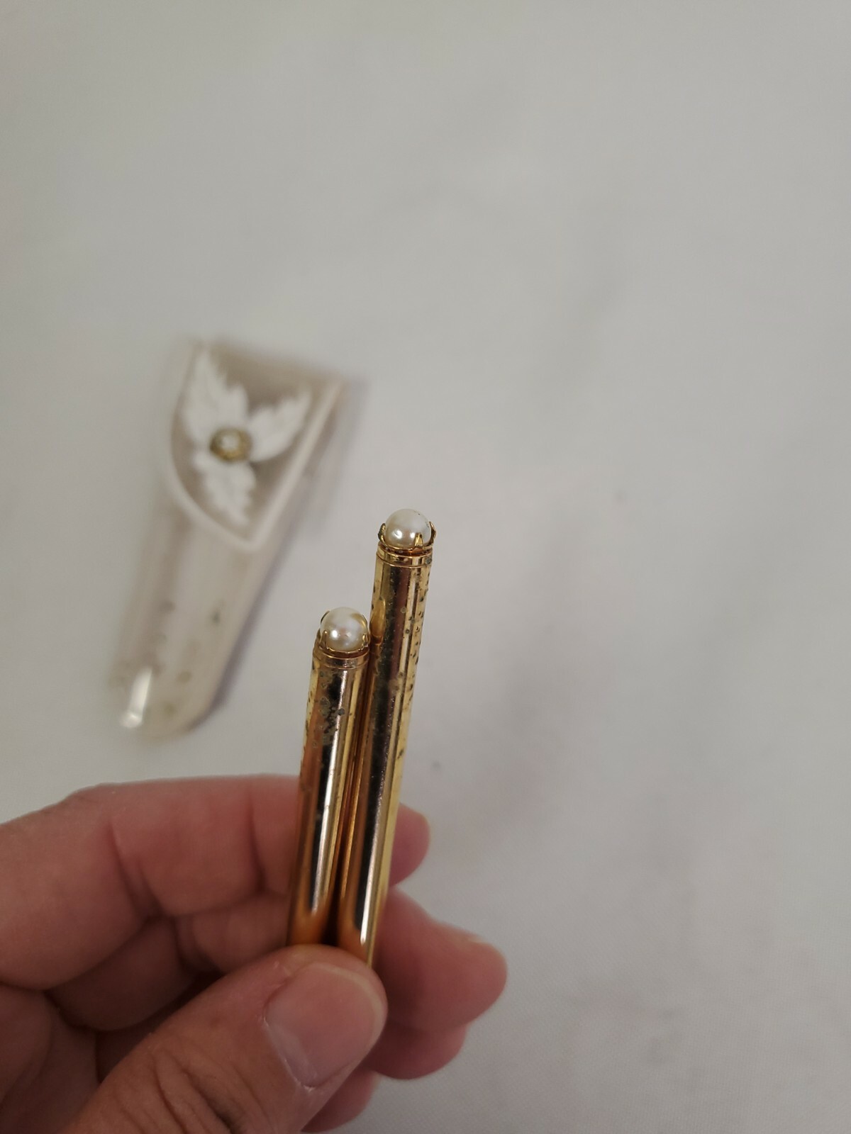Vintage Brass Mini Pen & Pencil Set with PEARLS & EMBELLISHED CASE