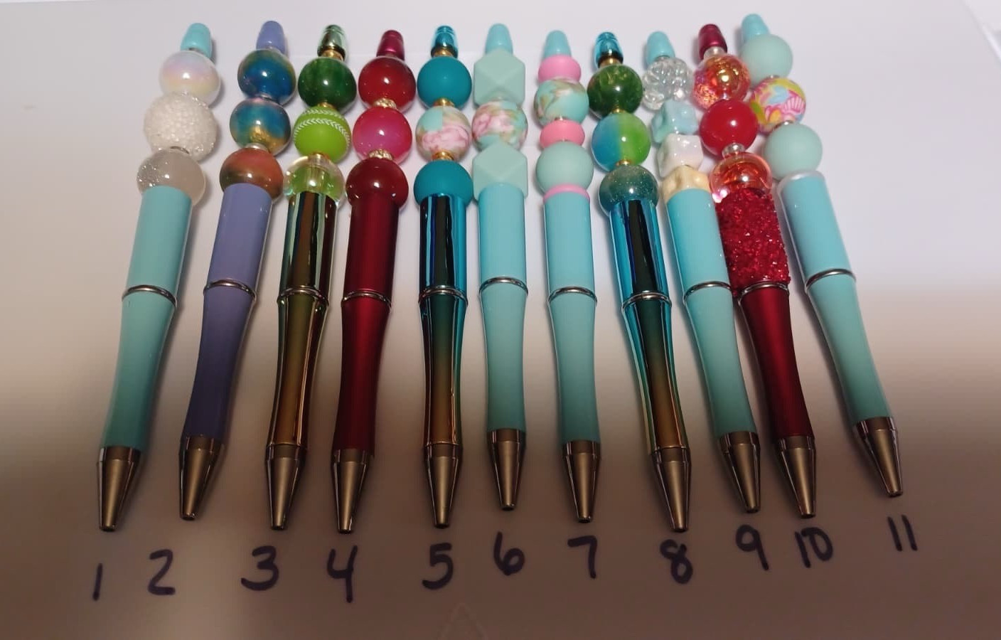 Lot of 11 Beaded Plastic Novelty Decorative Ballpoint Pens, Assorted, Black Ink