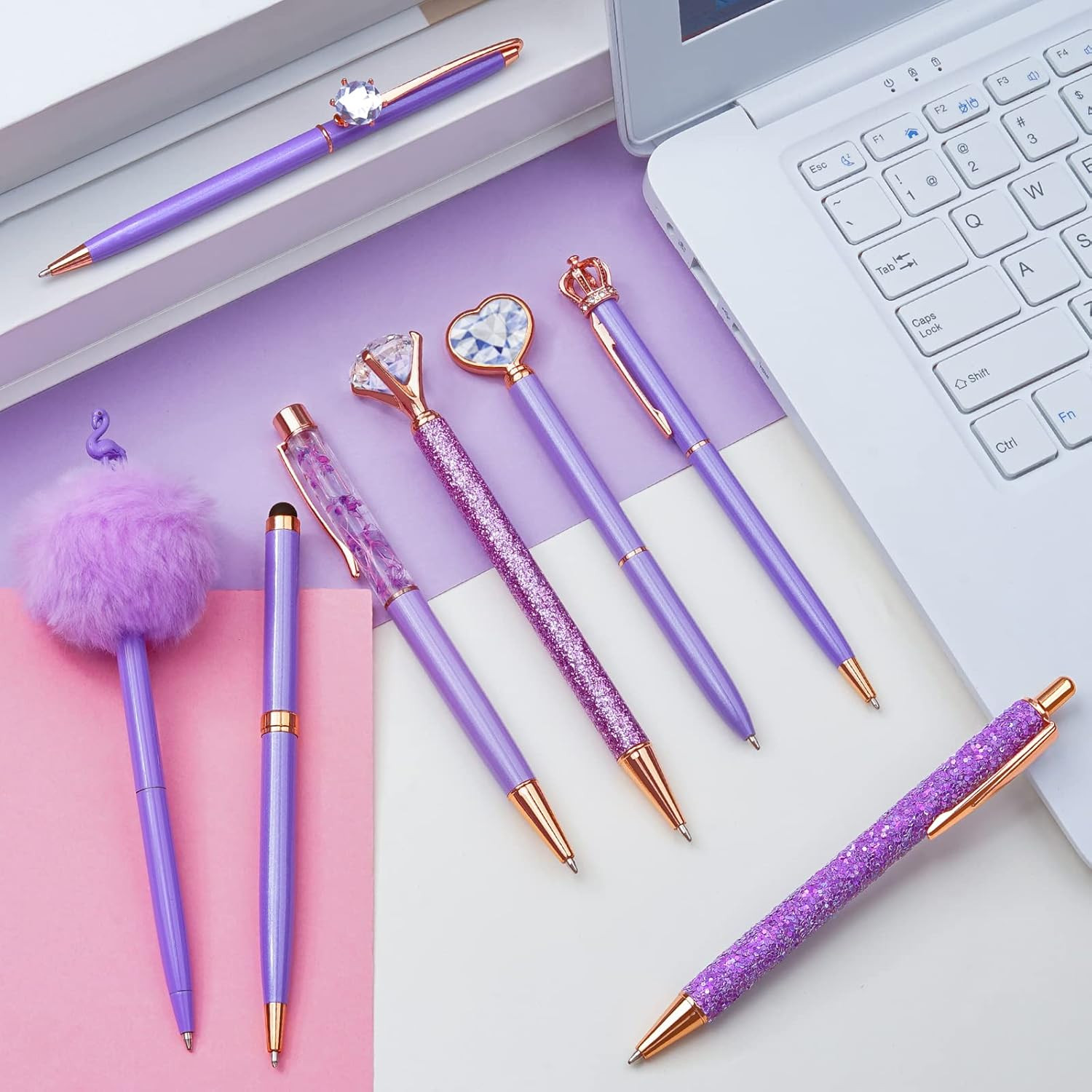 8Pcs Purple Pens, Metal Crystal Diamond Pens with Black & Blue Ink | Fancy Pens