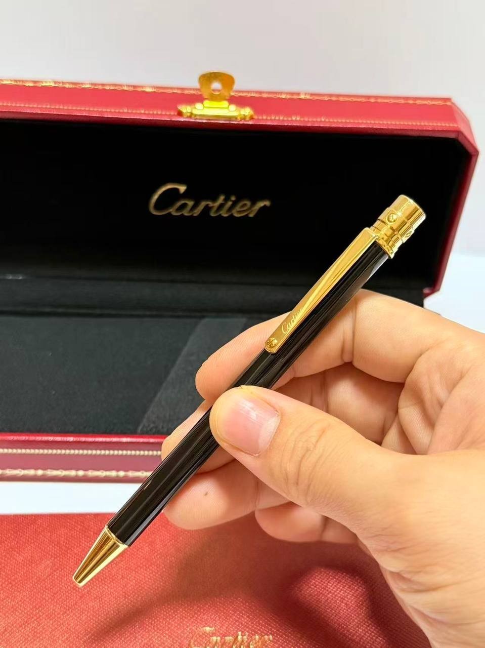 Luxury Santos De Cartier Black Gold Trim Ballpoint Pen – Full Box New Rare
