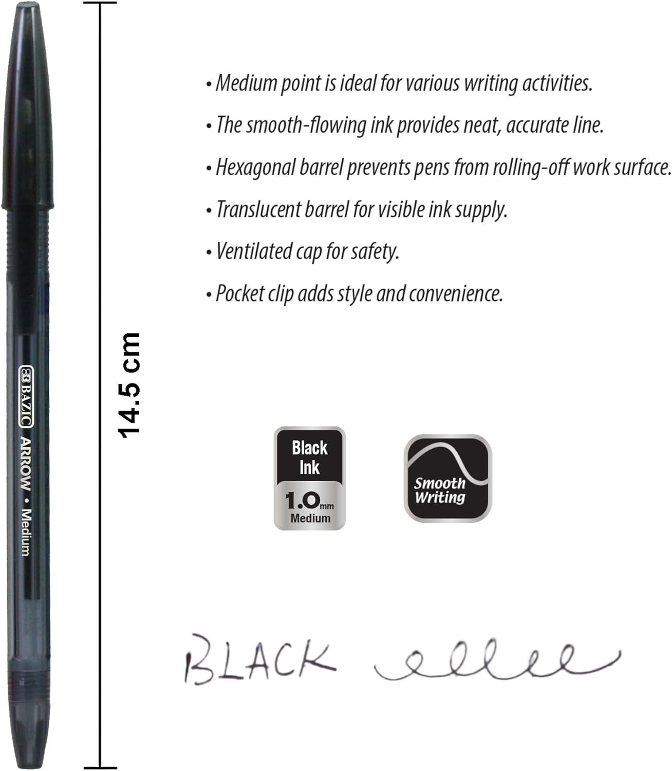Arrow Ballpoint Pens, 1.0 Mm Medium Point Black Color Stick Pen, Smooth Writing