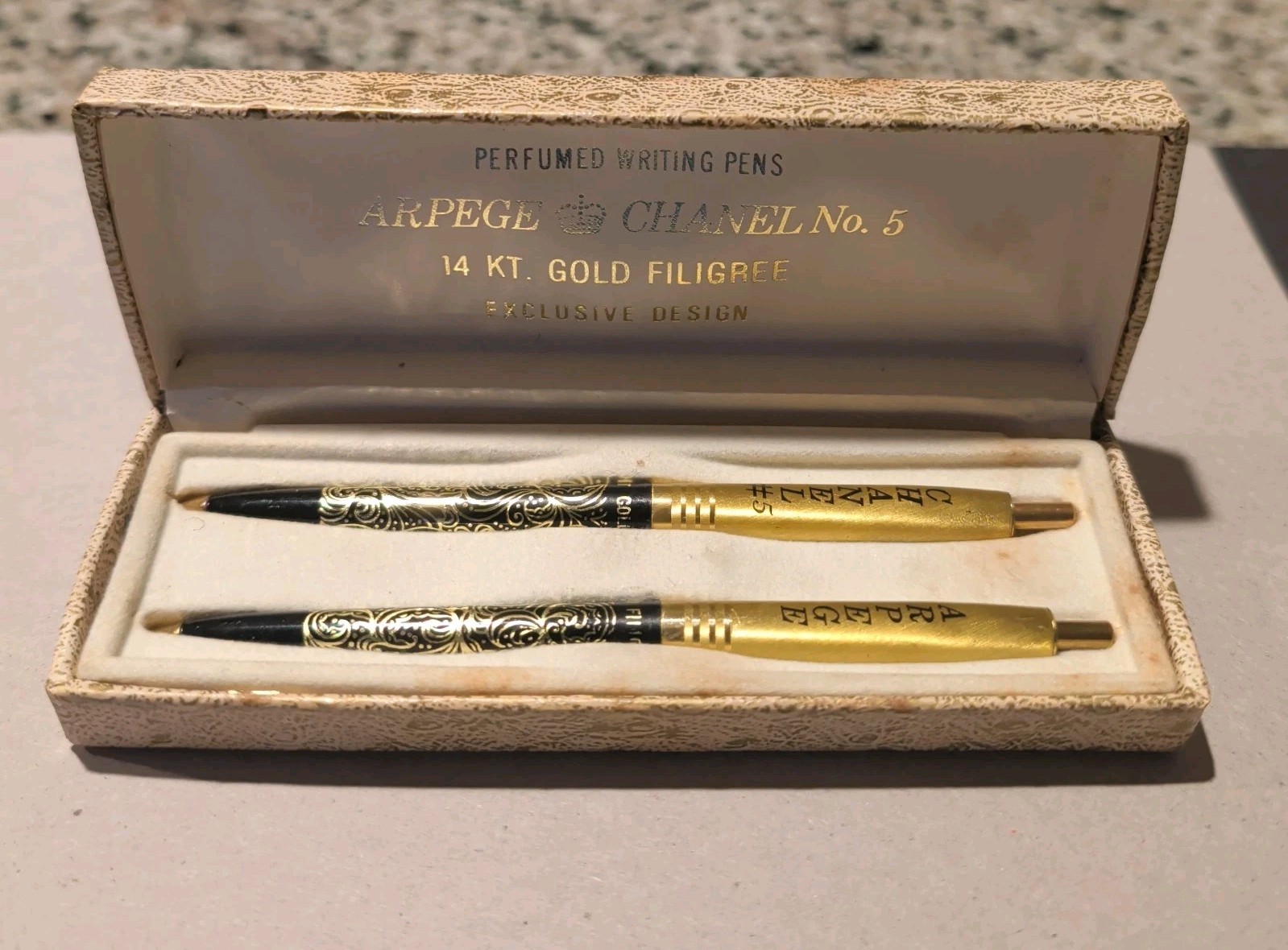 Vintage Chanel No.5 Arpege 14K Gold Filigree Perfumed Ballpoint Pen Set in Box