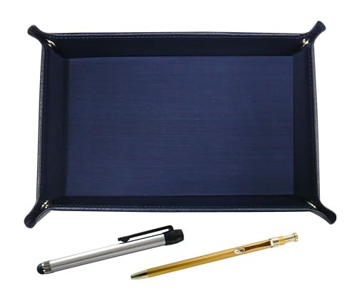 Japanese-made textured cowhide leather pen tray (blue) metal-touch silver rod
