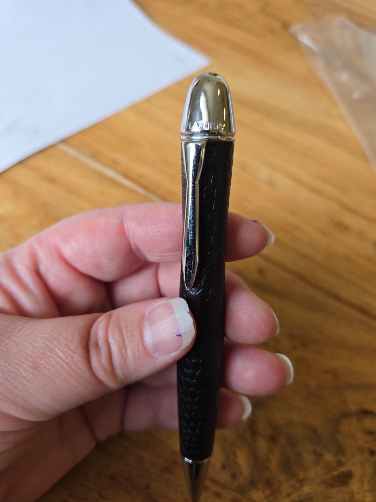 YAFA LATURIA Black LEATHER COVERED BALLPOINT PEN Ink CHROME TRIM FINE BLACK